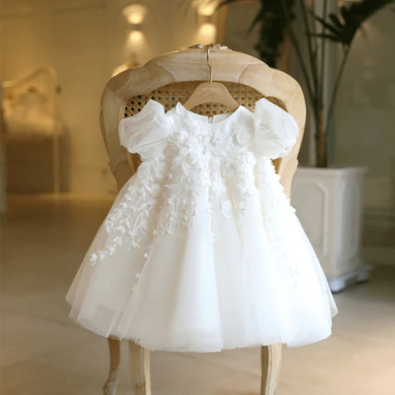 Vestido Infantil Branco Floral e Tule