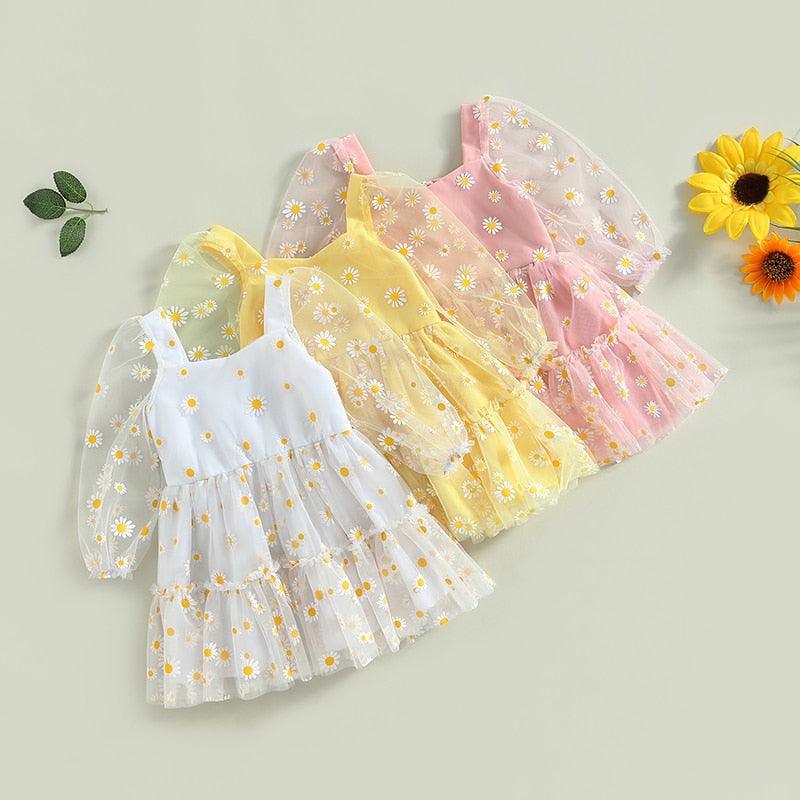 Vestido Infantil Margaridas Manga Longa